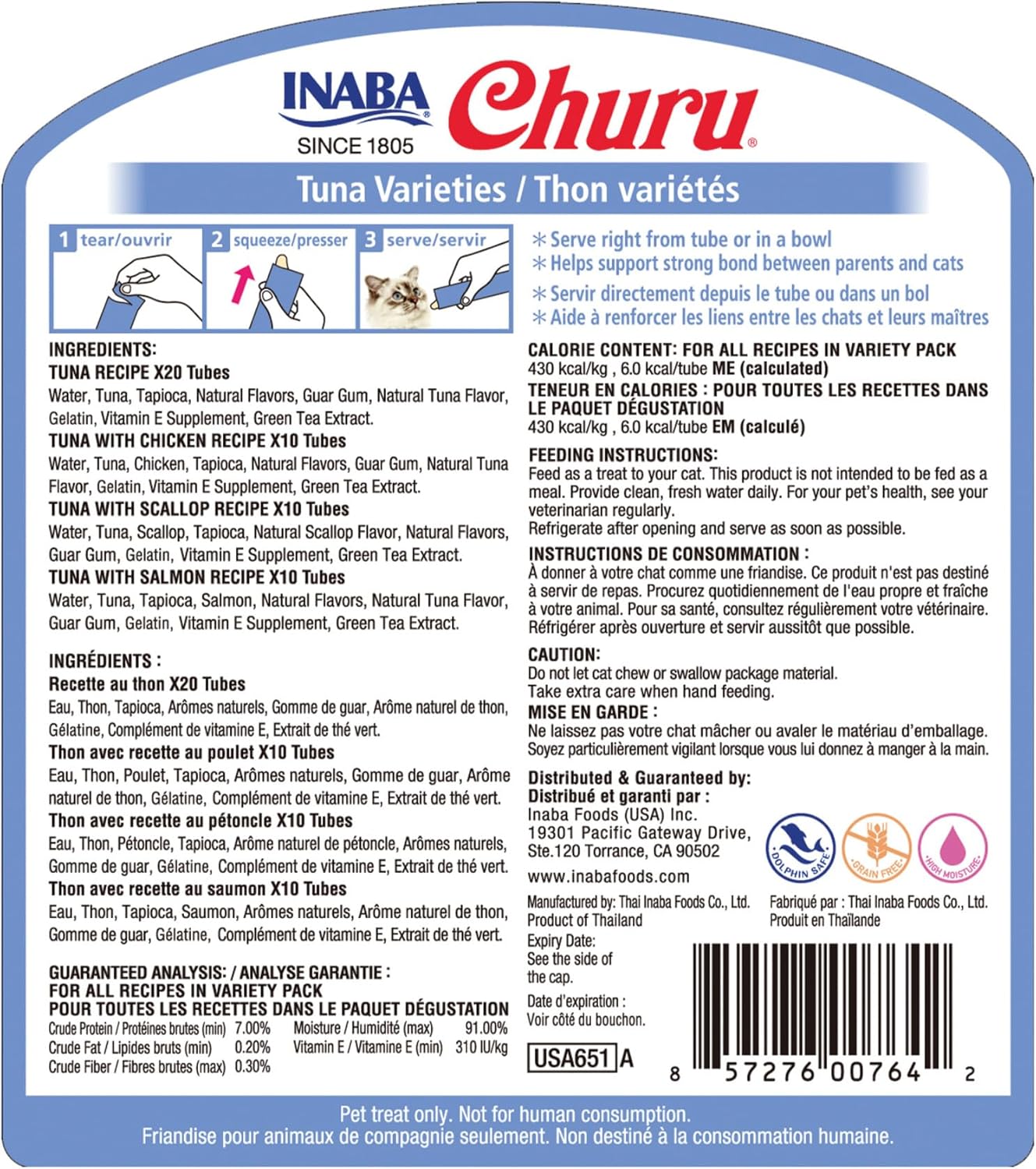 INABA Churu Cat Treats, Tuna Variety Treats for Cat, Topper with Vitamin E & Taurine, Grain-Free, Lickable, Squeezable Creamy Cat Treat, 50Tubes, 700 Grams