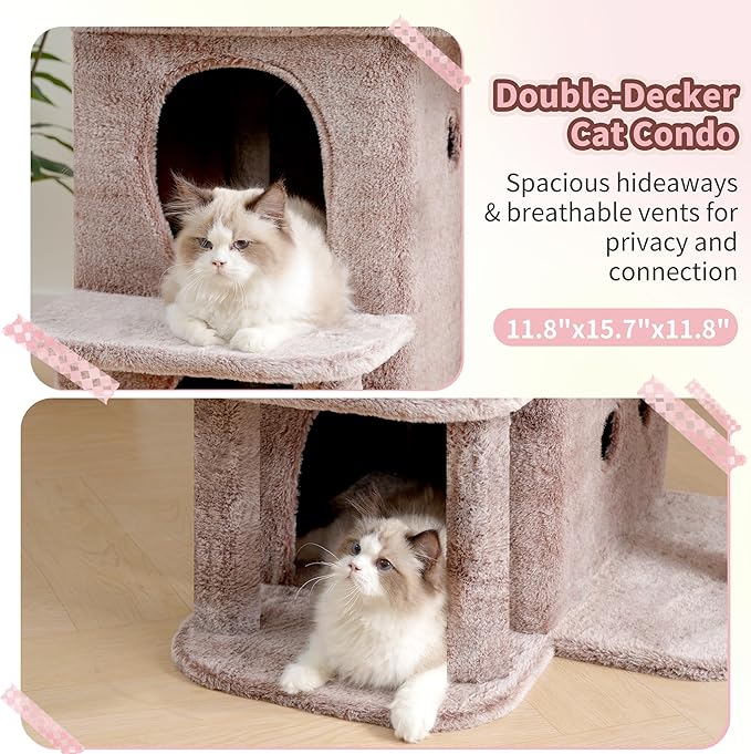 Heybly Cat Tree, 65cm Cat Tower with Spacious Top Perch for Large Cats, Stair-Style Cat House Furniture with Dual-Layer Condos, Sisal Scratching Posts, Cozy Basket & Pompom, Muchroom HCT204SMU