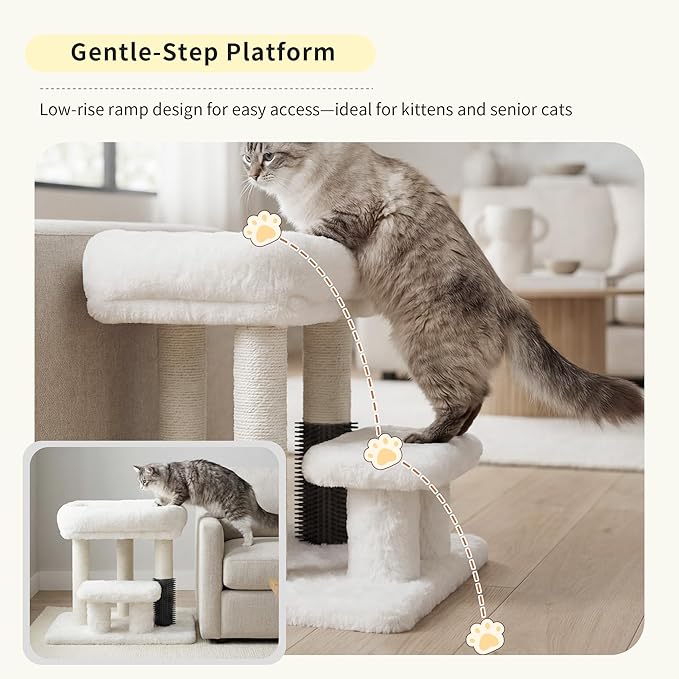 Heybly Cat Scratching Post with Grooming Brush & Gentle Step, HSP001SWH | White