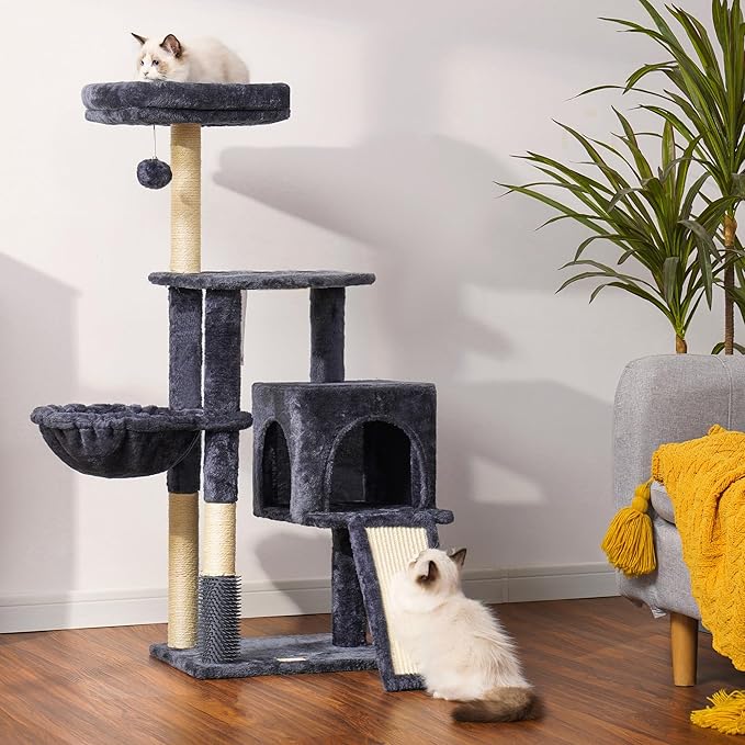 Heybly Cat Tree with Cat Self Groomer Brush, Cat Tower Condo for Indoor Cats with Padded Plush Perch,Grey