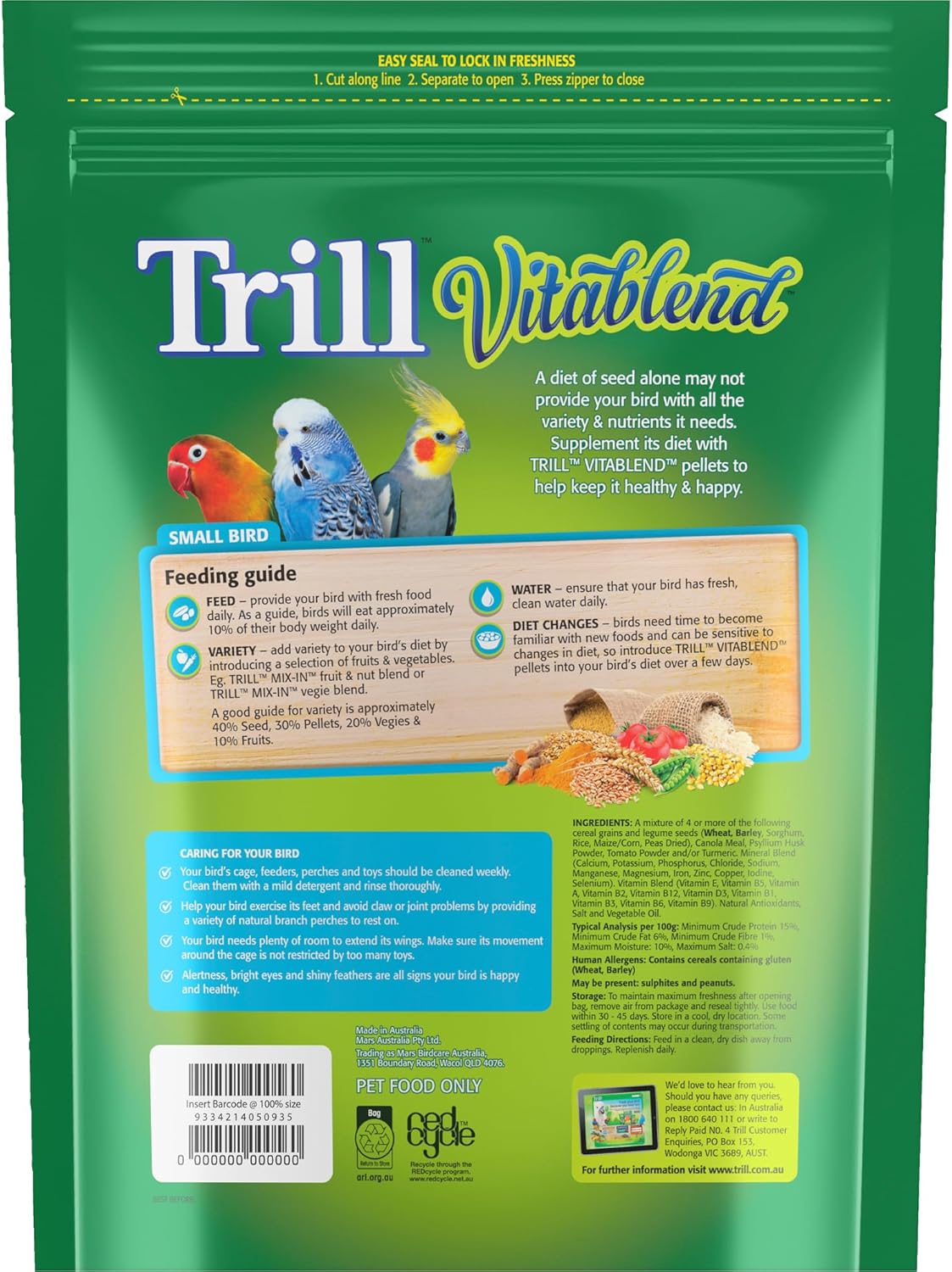 Trill Vitablend Small Bird Food 1.3kg, Pellets