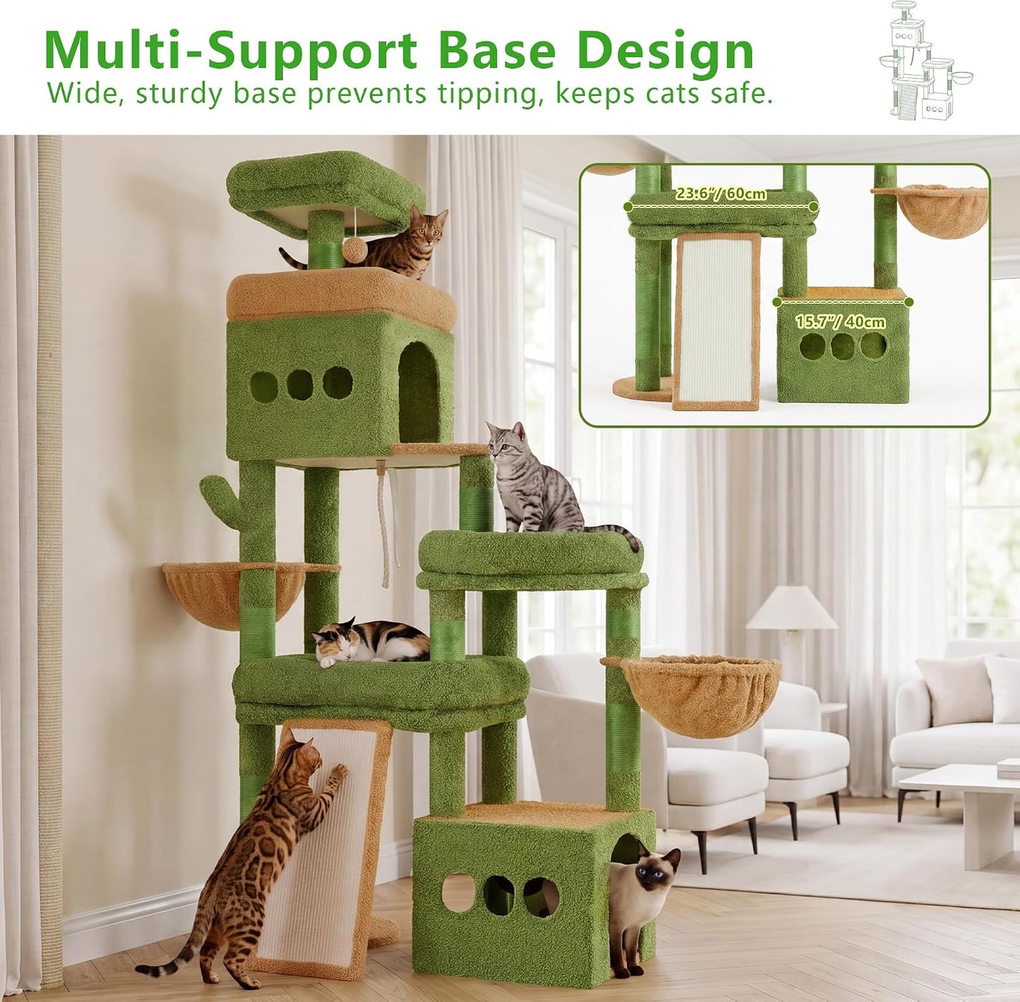 Heybly Cat Tree 72.4-Inch Anti-Tip Cat Tower with Spacious Perches HCT060GY | All-in-One Cat Furniture for Large Cats, Multiple Interactive Areas, Extra-Large Sisal Scratching Board, Green and Yellow