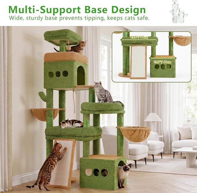 Heybly Cat Tree 72.4-Inch Anti-Tip Cat Tower with Spacious Perches HCT060GY | All-in-One Cat Furniture for Large Cats, Multiple Interactive Areas, Extra-Large Sisal Scratching Board, Green and Yellow
