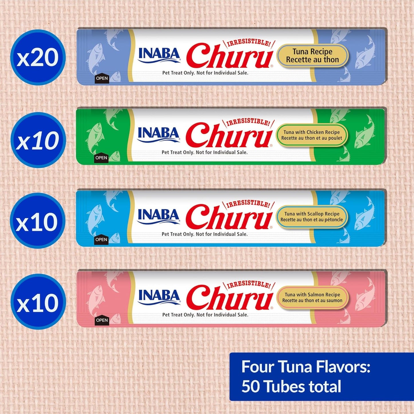 INABA Churu Cat Treats, Tuna Variety Treats for Cat, Topper with Vitamin E & Taurine, Grain-Free, Lickable, Squeezable Creamy Cat Treat, 50Tubes, 700 Grams