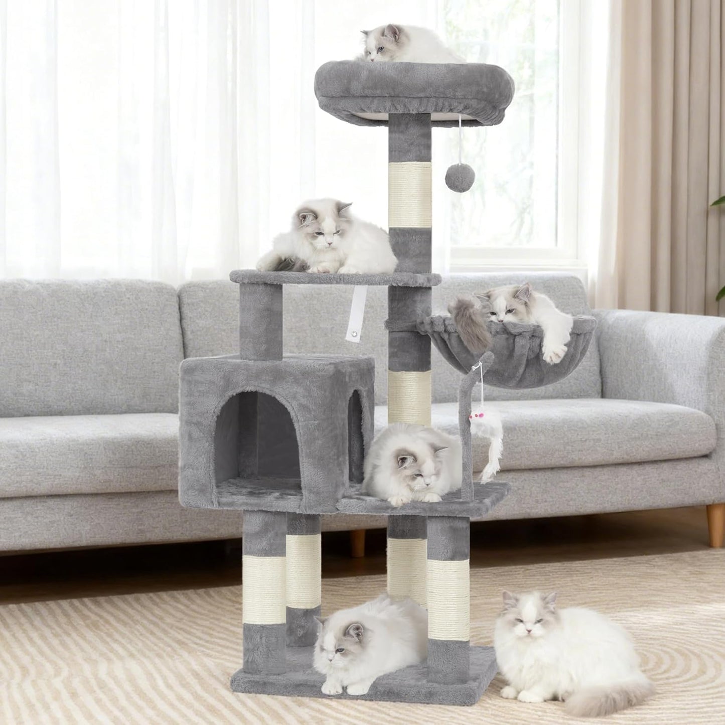 Heybly 110cm Cat Tree with Toy, Cat Tower for Indoor Cats, Cat Play Tower with Padded Plush Perch, Grey