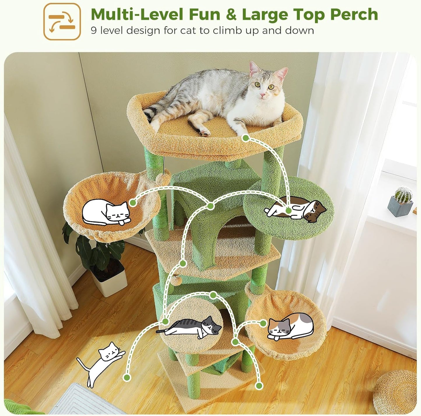 PAWZ Road Cat Tree, 181cm Cat Tower for Indoor Large Cats, Cat Furniture with 2 Spacious Cat Condo, Large Top Perch,2 Hammock(Dia=35cm), 2 Round Perches,Sisal Covered Scratching Post.Grey