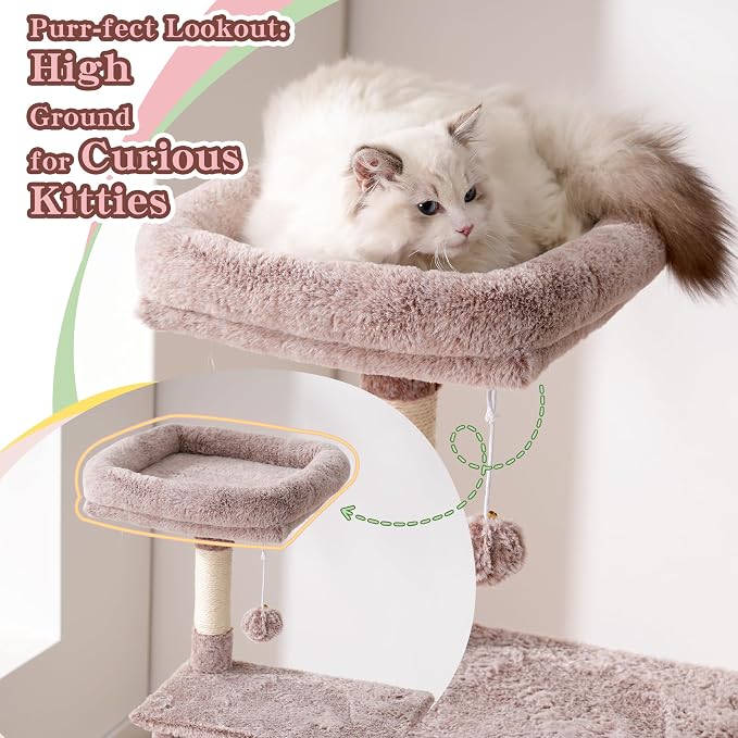 Heybly HCT200SMU Cat Scratching Post, 125 cm, Small Cat Tree, Spacious and Comfortable Scratching Post with Cave