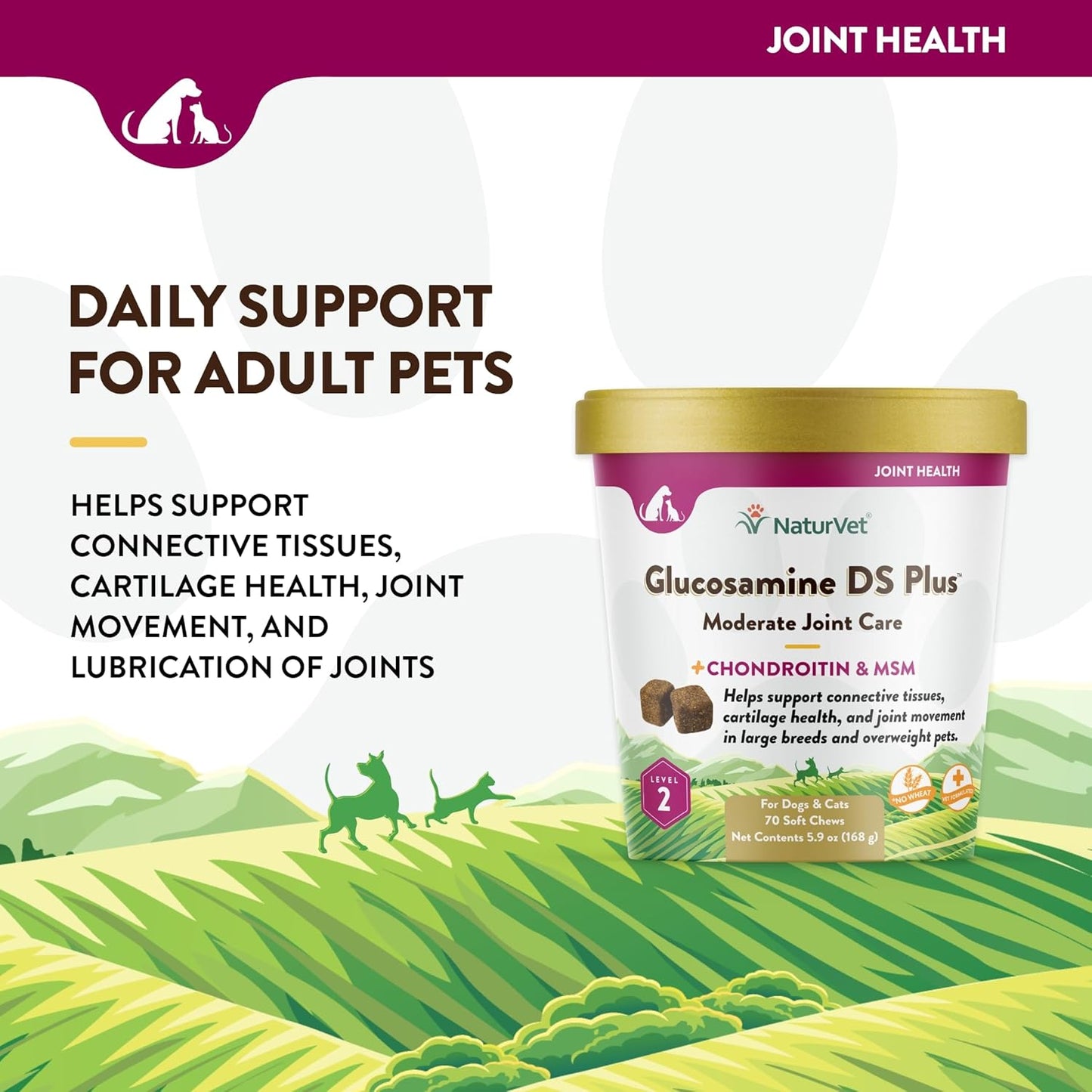 NaturVet Glucosamine DS Plus Level 2 Moderate Joint Care for Dogs and Cats, 70 ct Soft Chews, Made in USA
