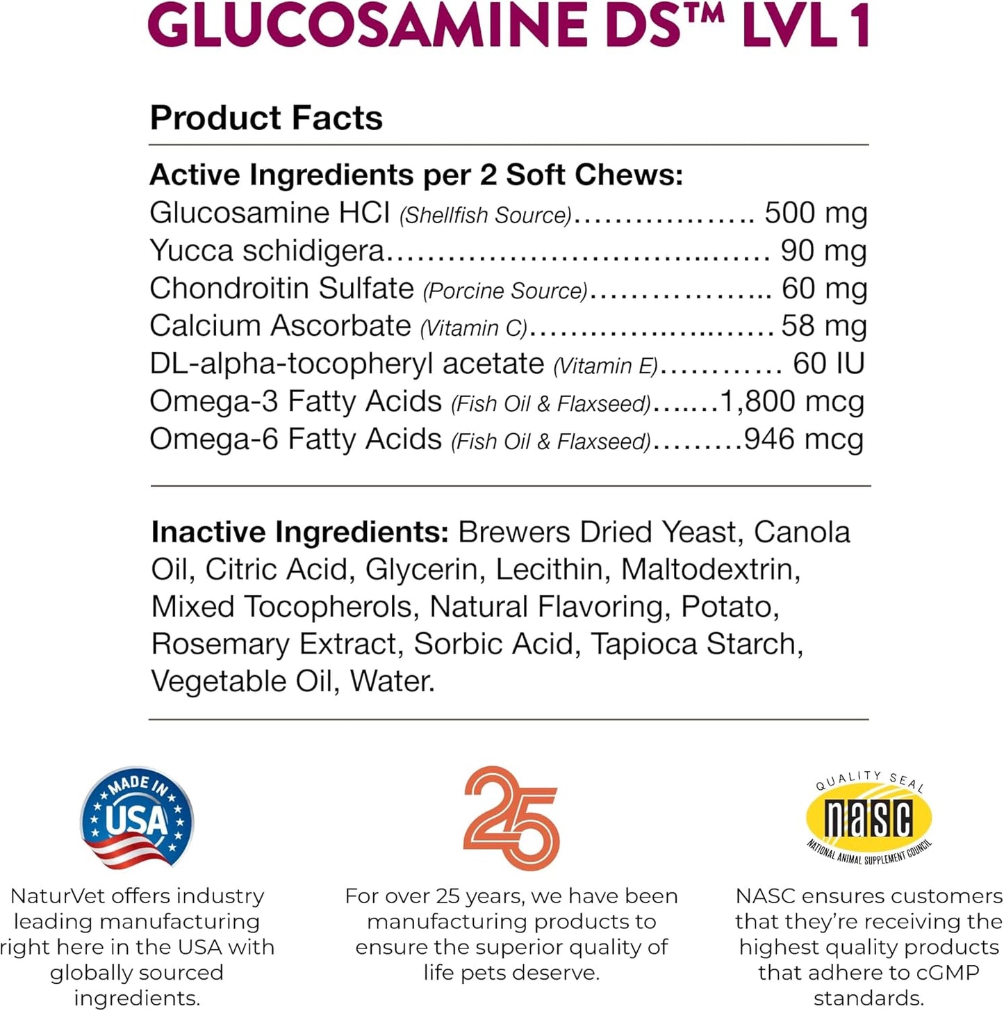NaturVet Glucosamine DS Level 1 Maintenance Joint Care for Dogs and Cats, 120 ct Soft Chews, Made in USA