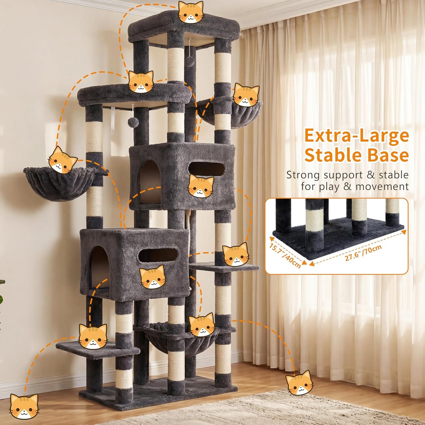 Heybly Cat Tree, 190cm Spacious & Tall Cat Tower for Large Cats, Cat Furniture with Large Top Perch, Solid Base, 2 Cat Condos
