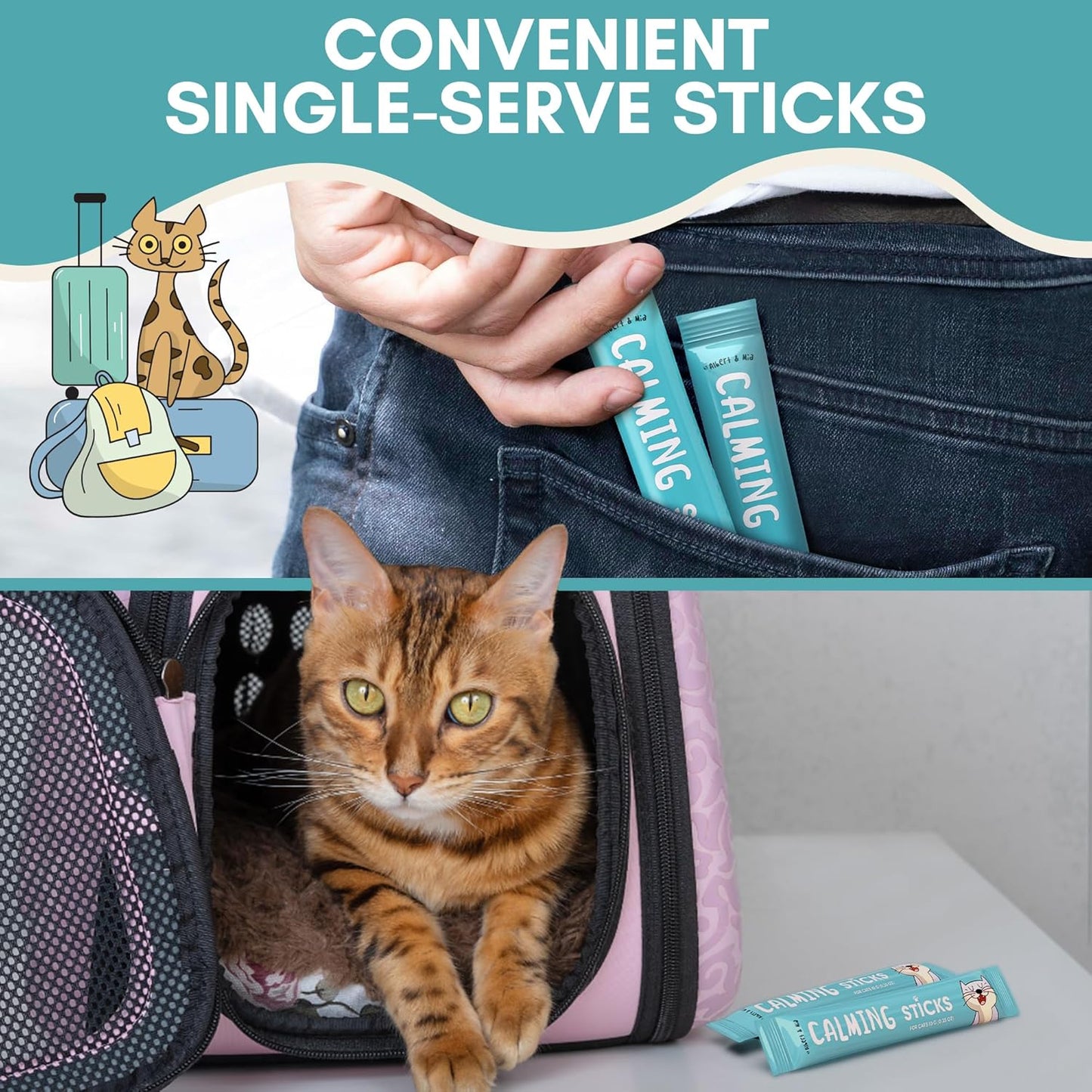 Albert & Mia Calming Sticks Lickable Calming Cat Treats for Stress and Anxiety Relief for Cats, Irresistible - Vet Recommended (Sleeping Aid, Vet Visits, Grooming, Car Rides, Plane) 20 Pack