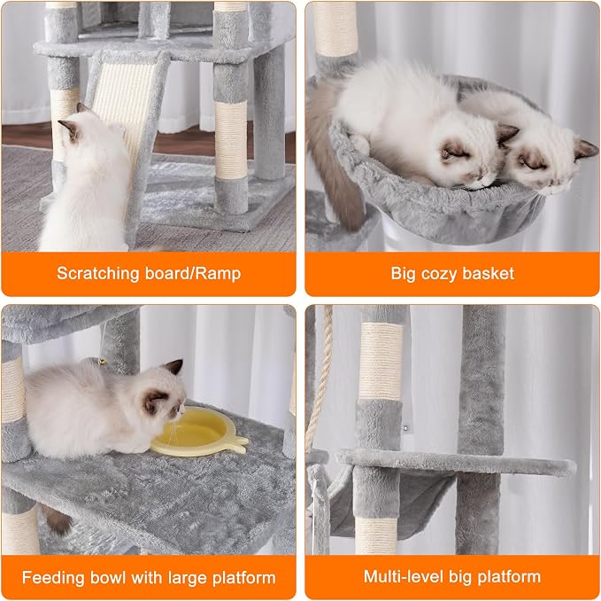 Heybly Tall Cat Tree, 78-inch Multi-Level Cat Tower for Indoor Cats, 2 Widened Plush Perches Cat Condo with Scratching Board and Big Caves, Light Gray
