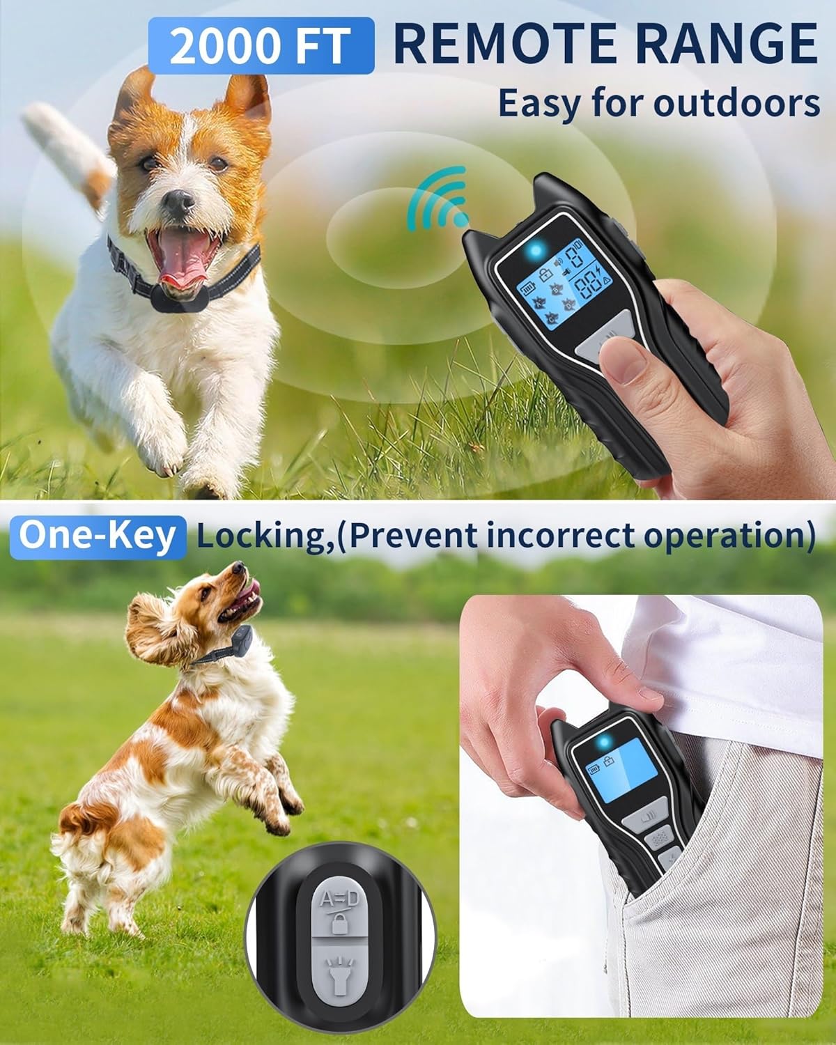 Dog Shock Collar with Remote Control - Rechargeable Dog Training Collar, IPX7 Waterproof E Collar for Dogs with 4 Safe Modes Flashlight Beep Vibration Shock Ideal for All Dog Sizes (8-150lbs)