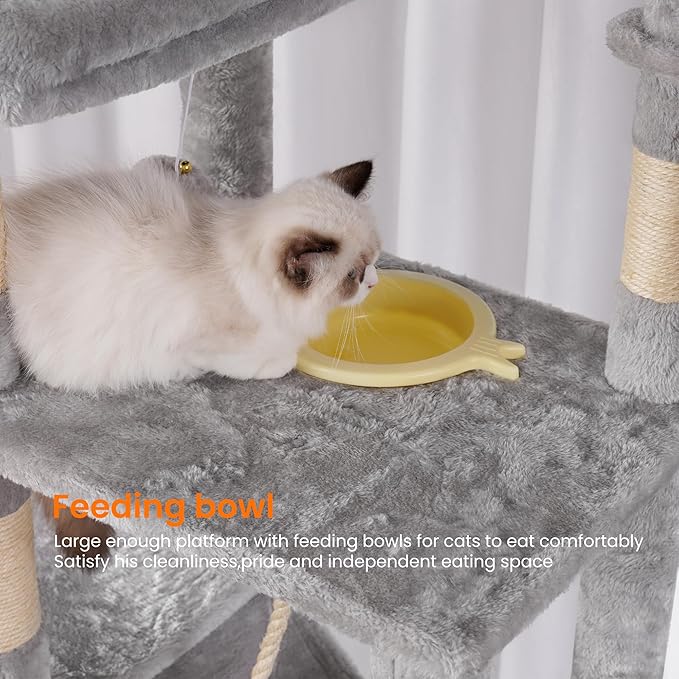 Heybly Tall Cat Tree, 78-inch Multi-Level Cat Tower for Indoor Cats, 2 Widened Plush Perches Cat Condo with Scratching Board and Big Caves, Light Gray
