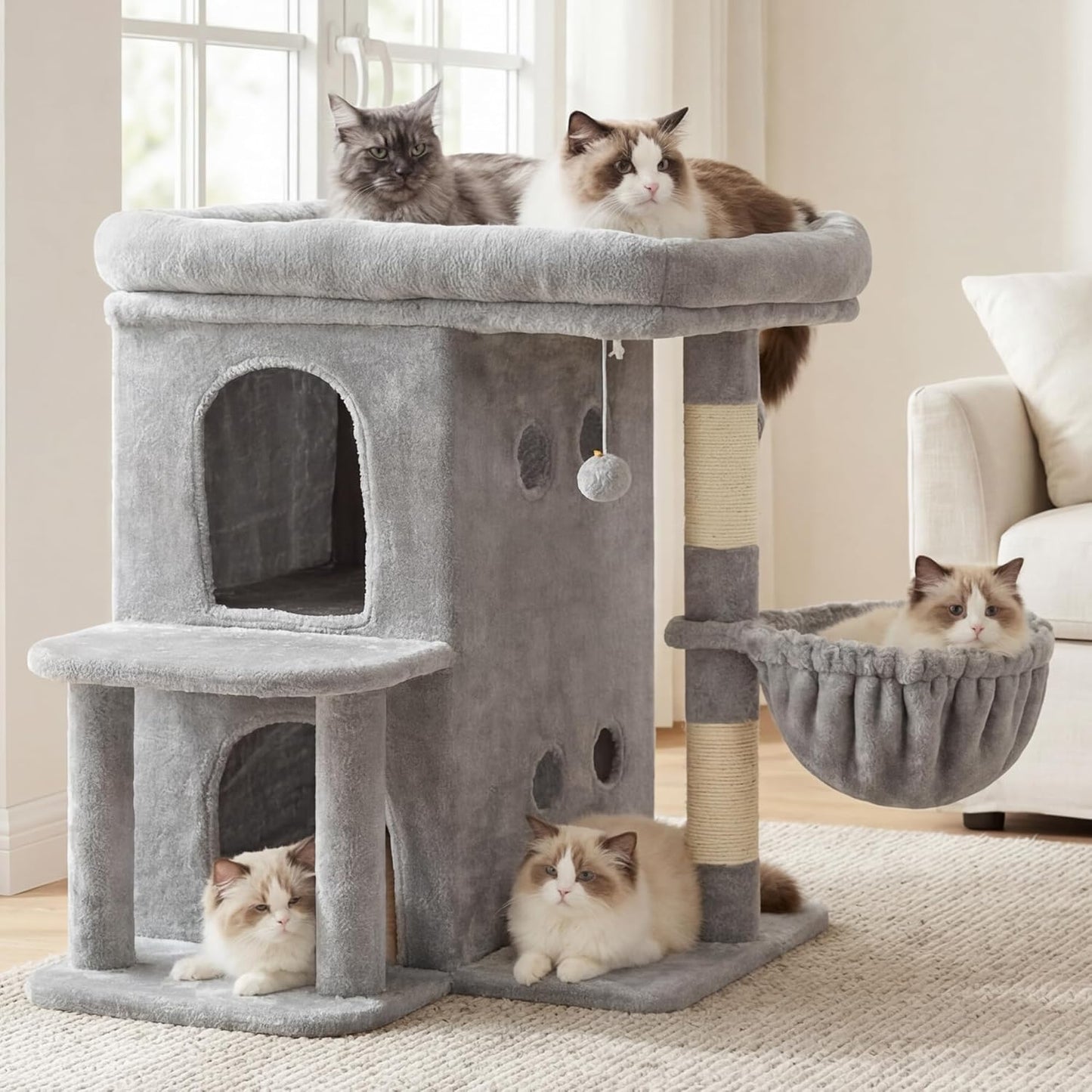 Heybly Cat Tree, 65cm Cat Tower with Spacious Top Perch for Large Cats,Light Grey