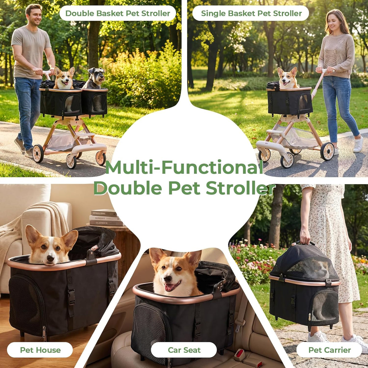 Double Pet Stroller with Detachable Carriers,Ideal for 2 Dogs or Cats,Small/Medium Pets,Black