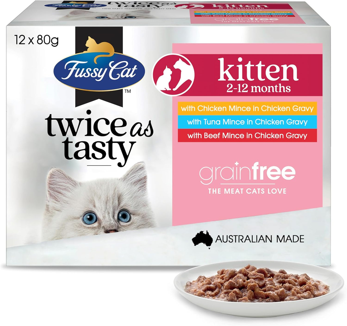 Fussy Cat Grain Free Twice as Tasty Kitten Wet Food, Kitten Mince 12x80g