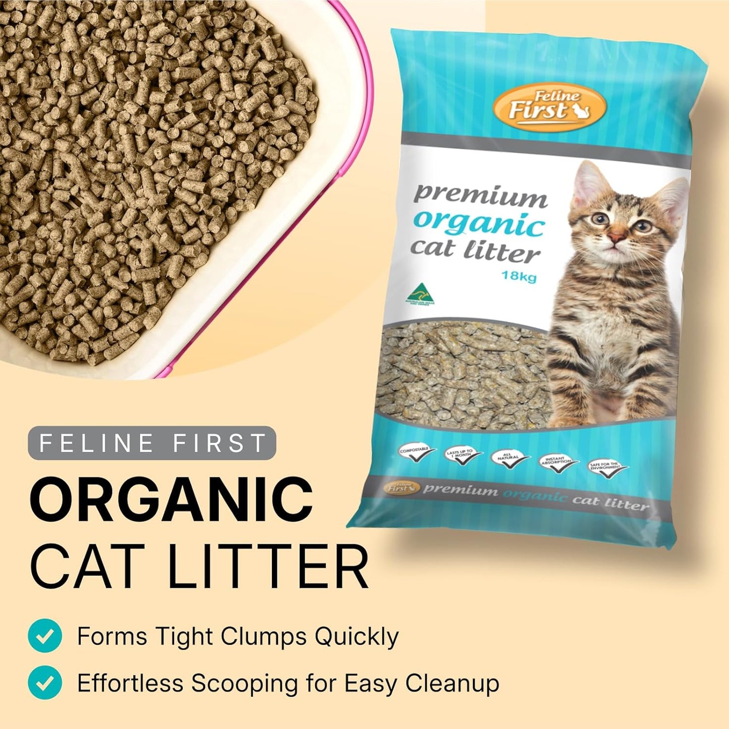 Feline First Premium Organic Cat Litter 18kg - Fragrance-Free, Long-Lasting, Made from Natural Materials - Ideal for Sensitive Indoor Cats