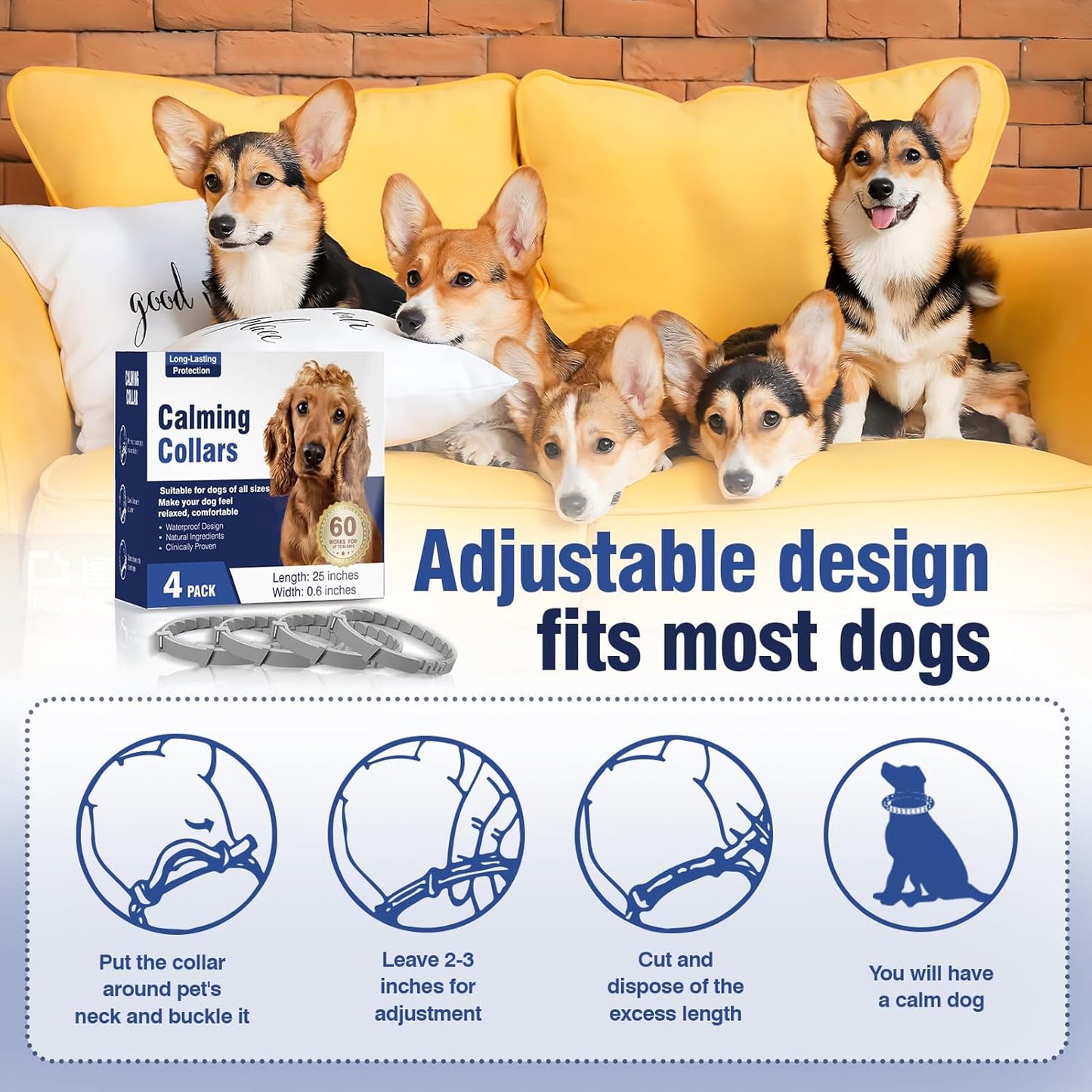 Calming Collar for Dogs 4 Packs Dog Calming Pheromone Pheromones Collars Calm Lasts 60 Days Anxiety Relief Stress,all sizes