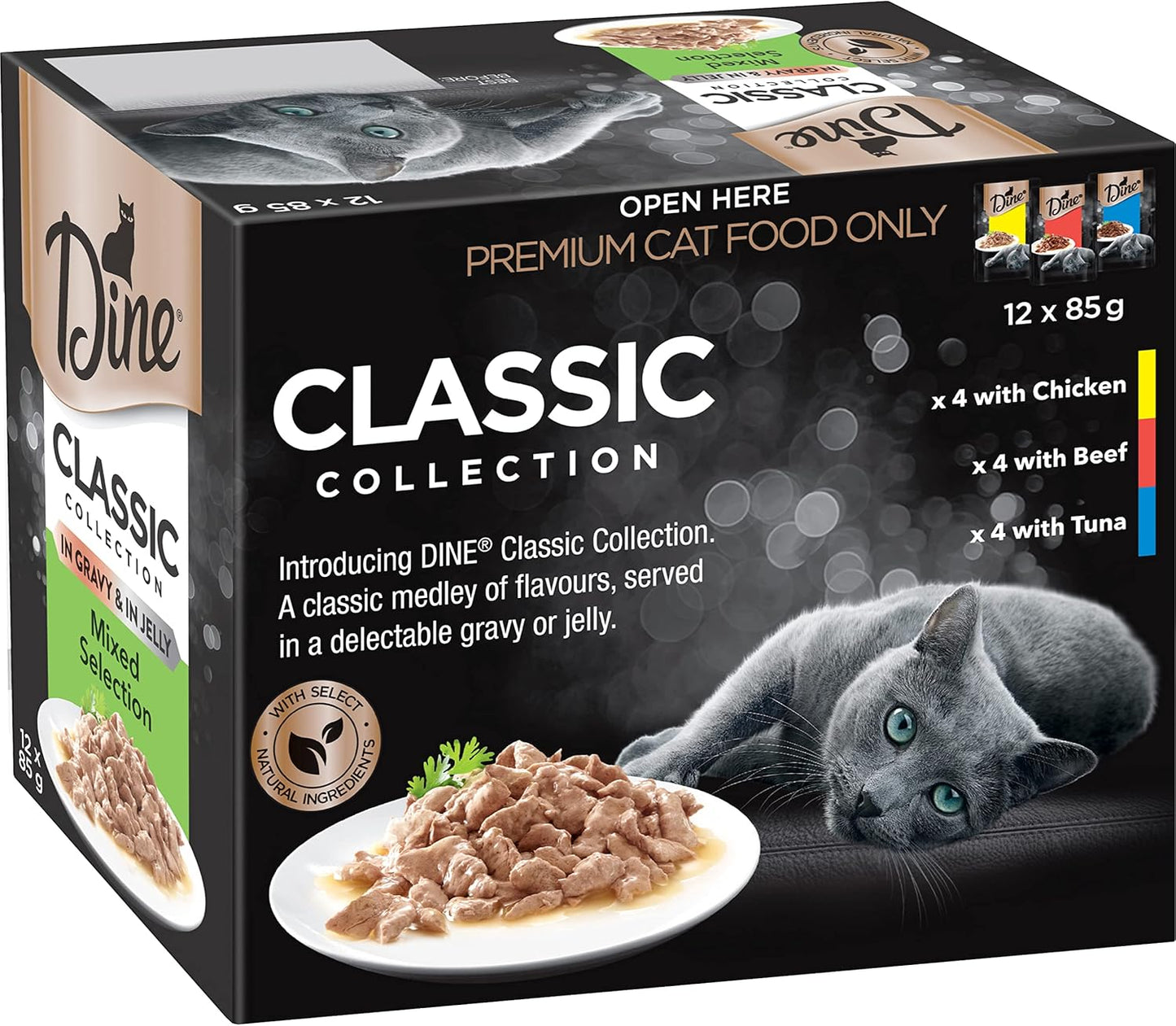 DINE Classic Collection Adult Wet Cat Food Mixed Selection in Gravy & in Jelly 12 x 85g, 5 Pack (60 Pouches)