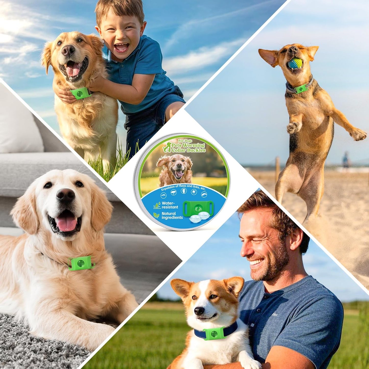 Natural Flea and Tick Prevention Dog Tag – Waterproof Collar Pendant with 3 Extra Refills, Green, Safe for All Breeds