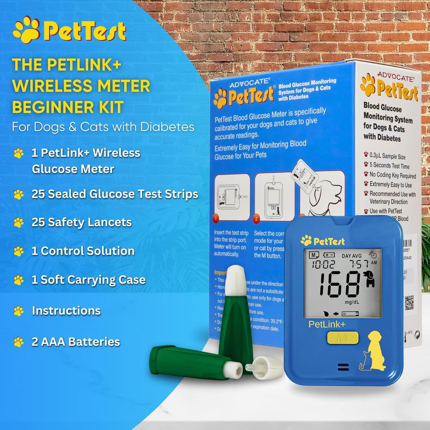 PetTest Beginner Glucose Monitoring Kit for Dogs & Cats, Diabetic Pet Blood Sugar Check Gear, Includes Wireless PetLink+ Meter, 25 Test Strips