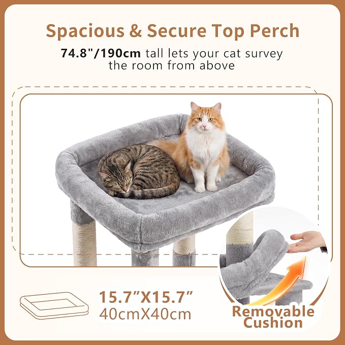 Heybly Cat Tree, 74.8-Inch Spacious & Tall Cat Tower for Large Cats, Cat Furniture with Large Top Perch, Solid Base, 2 Cat Condos, Hanging Hammock, Durable Sisal Scratching Posts, Light Gray