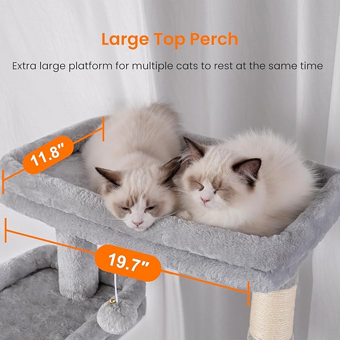 Heybly Tall Cat Tree, 78-inch Multi-Level Cat Tower for Indoor Cats, 2 Widened Plush Perches Cat Condo with Scratching Board and Big Caves, Light Gray