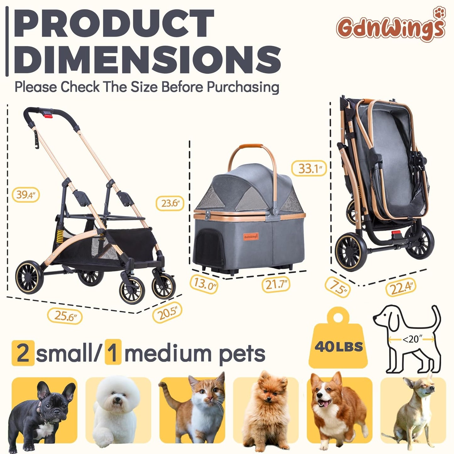Pet Stroller for Small Dogs Cats, 6 Shock Absorption System | One Touch FoldinDog Stroller with Detachable Carrier for Car Seat & Hand Carry, Gray