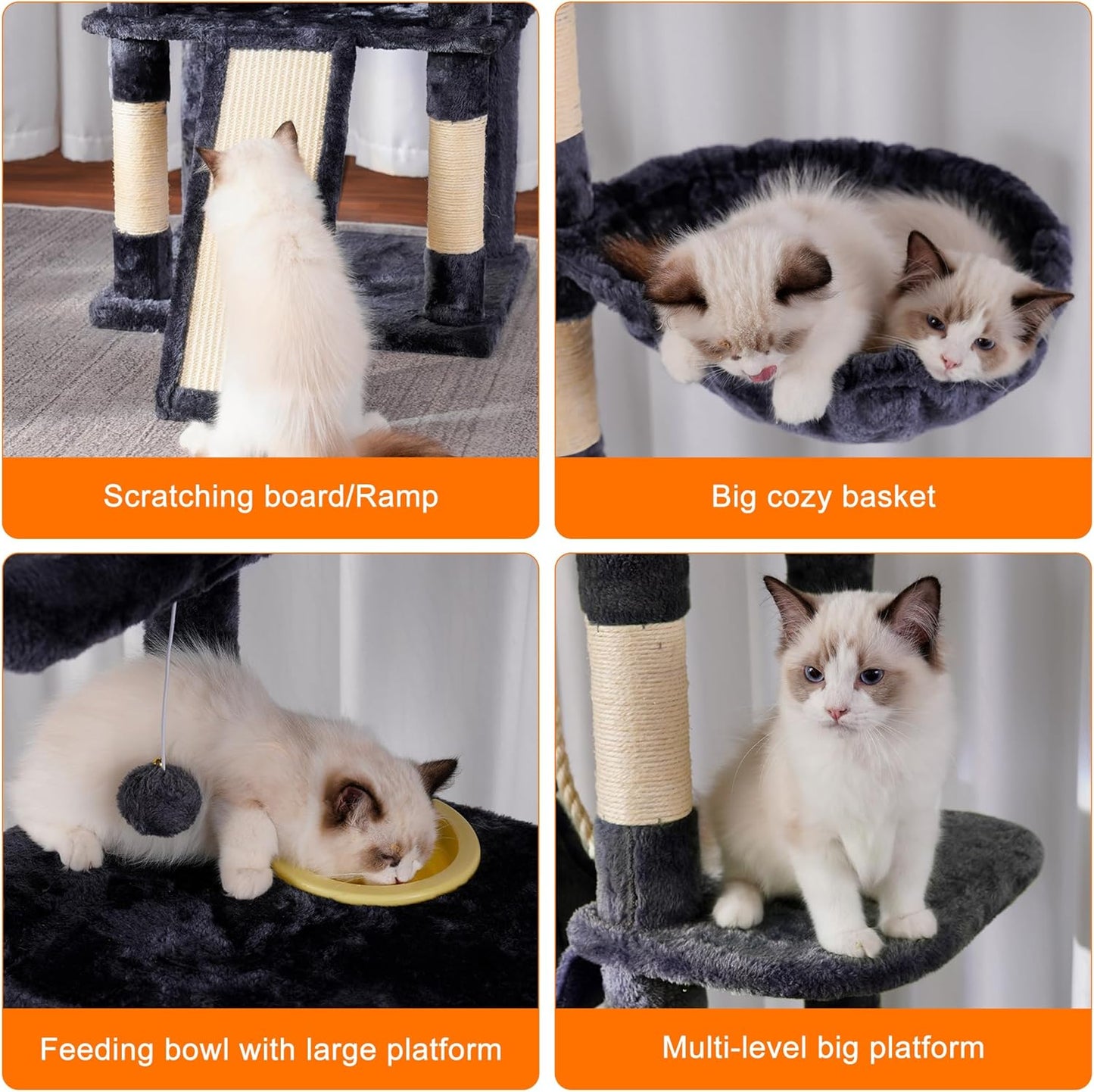 Heybly Tall Cat Tree, 78-inch Multi-Level Cat Tower for Indoor Cats, 2 Widened Plush Perches Cat Condo with Scratching Board and Big Caves, Smoky Gray