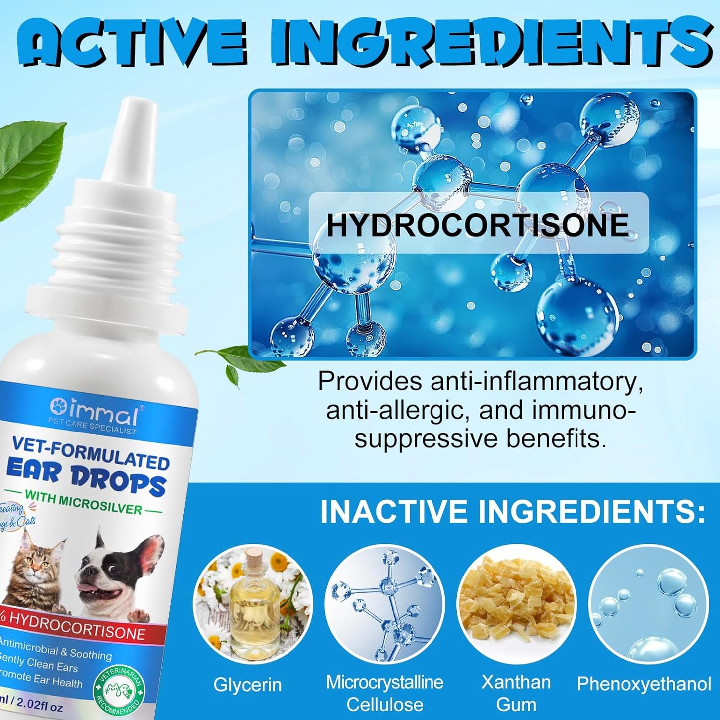 Dog Ear Infection Treatment 60ml | 2-Pack Cat & Dog Ear Cleaning Drops with 1% Hydrocortisone | Pack of 2