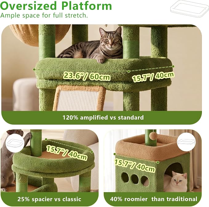 Heybly Cat Tree 72.4-Inch Anti-Tip Cat Tower with Spacious Perches HCT060GY | All-in-One Cat Furniture for Large Cats, Multiple Interactive Areas, Extra-Large Sisal Scratching Board, Green and Yellow