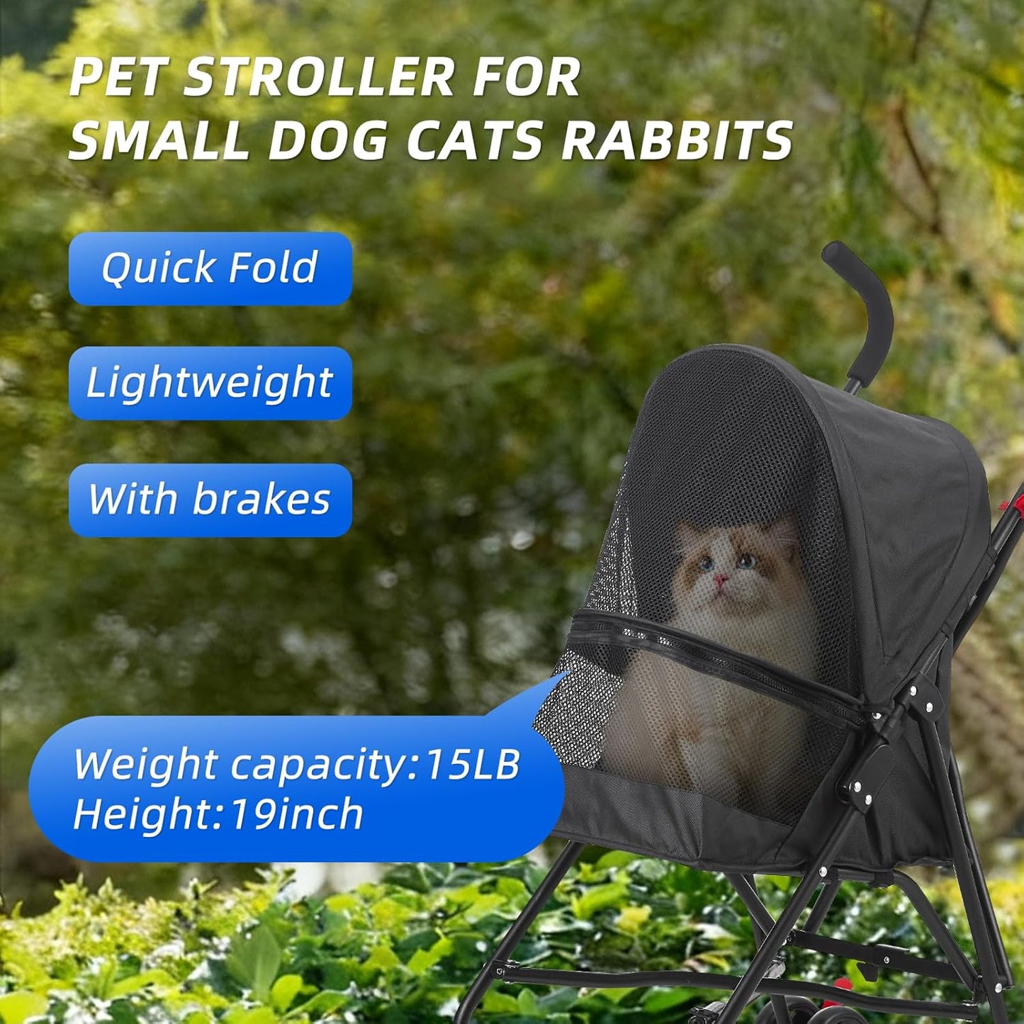 Pet Stroller Oxford Cloth Foldable Dog Strollers for Small Dogs and Cats Suitable for All Road Surfaces Wide-View Panoramic Window 4 Wheels (Black)
