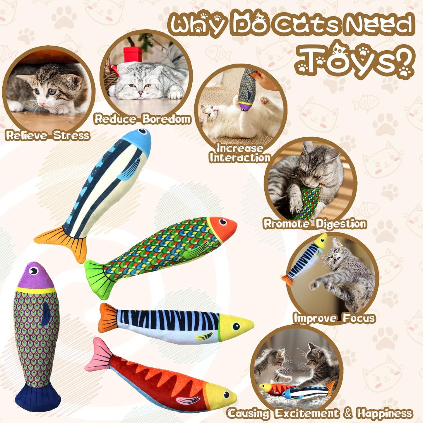 Cat Toys Saury Fish： 5 Pack Catnip Toys with Crinkle Sound and Soft Cotton