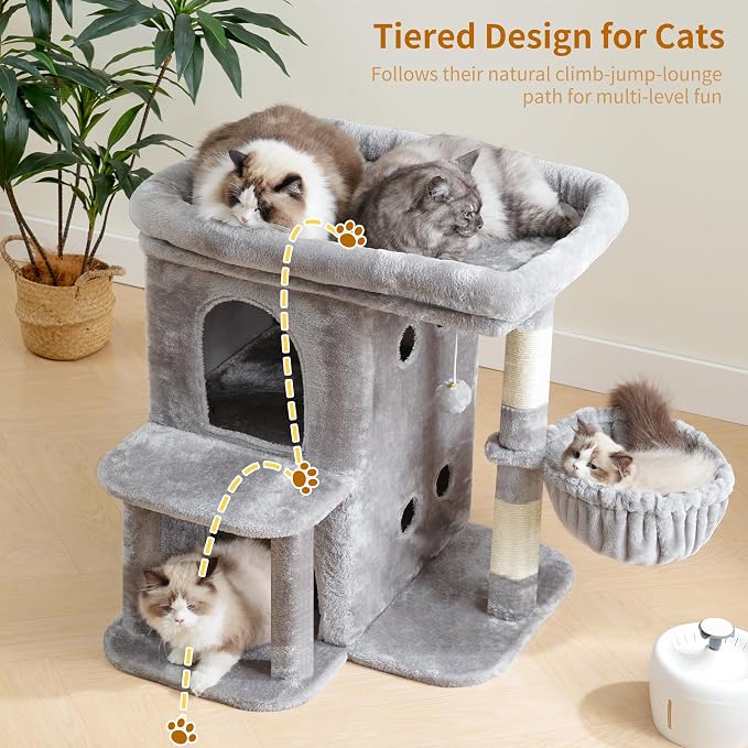 Heybly Cat Tree, 65cm Cat Tower with Spacious Top Perch for Large Cats,Light Grey