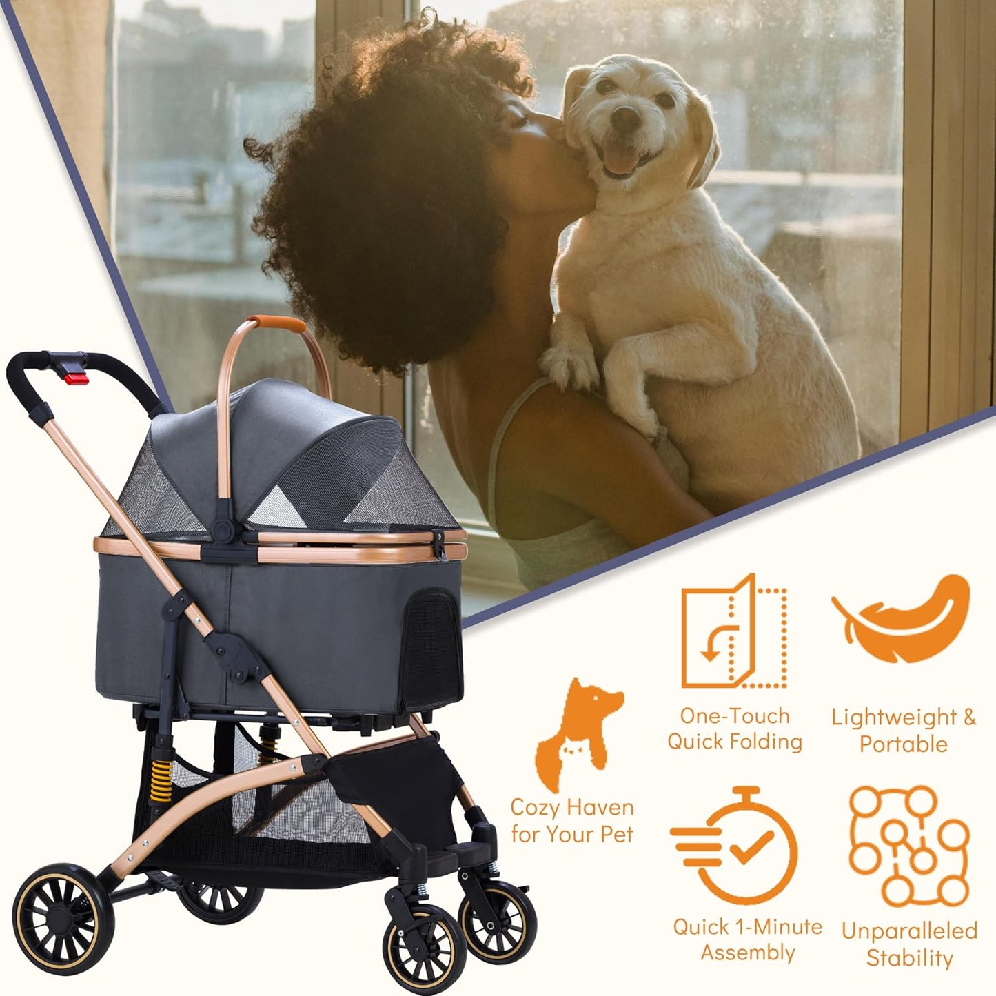 Pet Stroller for Small Dogs Cats, 6 Shock Absorption System | One Touch FoldinDog Stroller with Detachable Carrier for Car Seat & Hand Carry, Gray