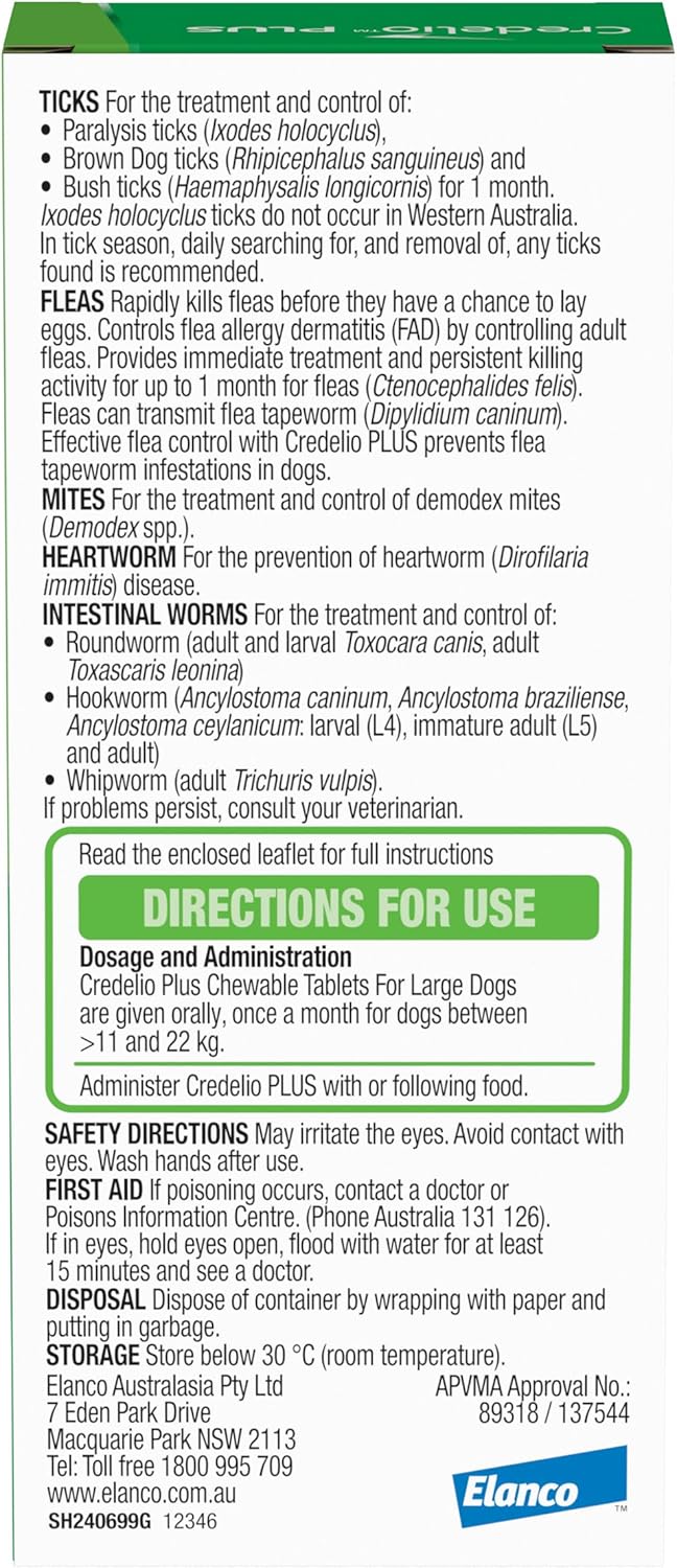 Credelio PLUS Dog Flea and Tick Treatment, Six Pack, Ticks, Fleas, Mites, Heartworm & Worms Parasite Protection, in the Smallest Monthly Chewable Tablet for Dogs > 11 - 22 kg, 6 Pack
