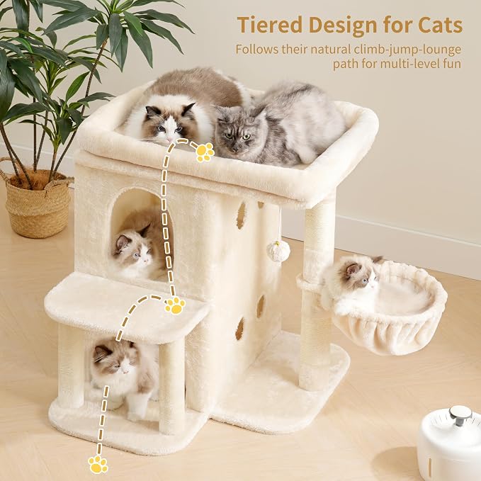 Heybly Cat Tree, 65cm Cat Tower with Spacious Top Perch for Large Cats,Beige