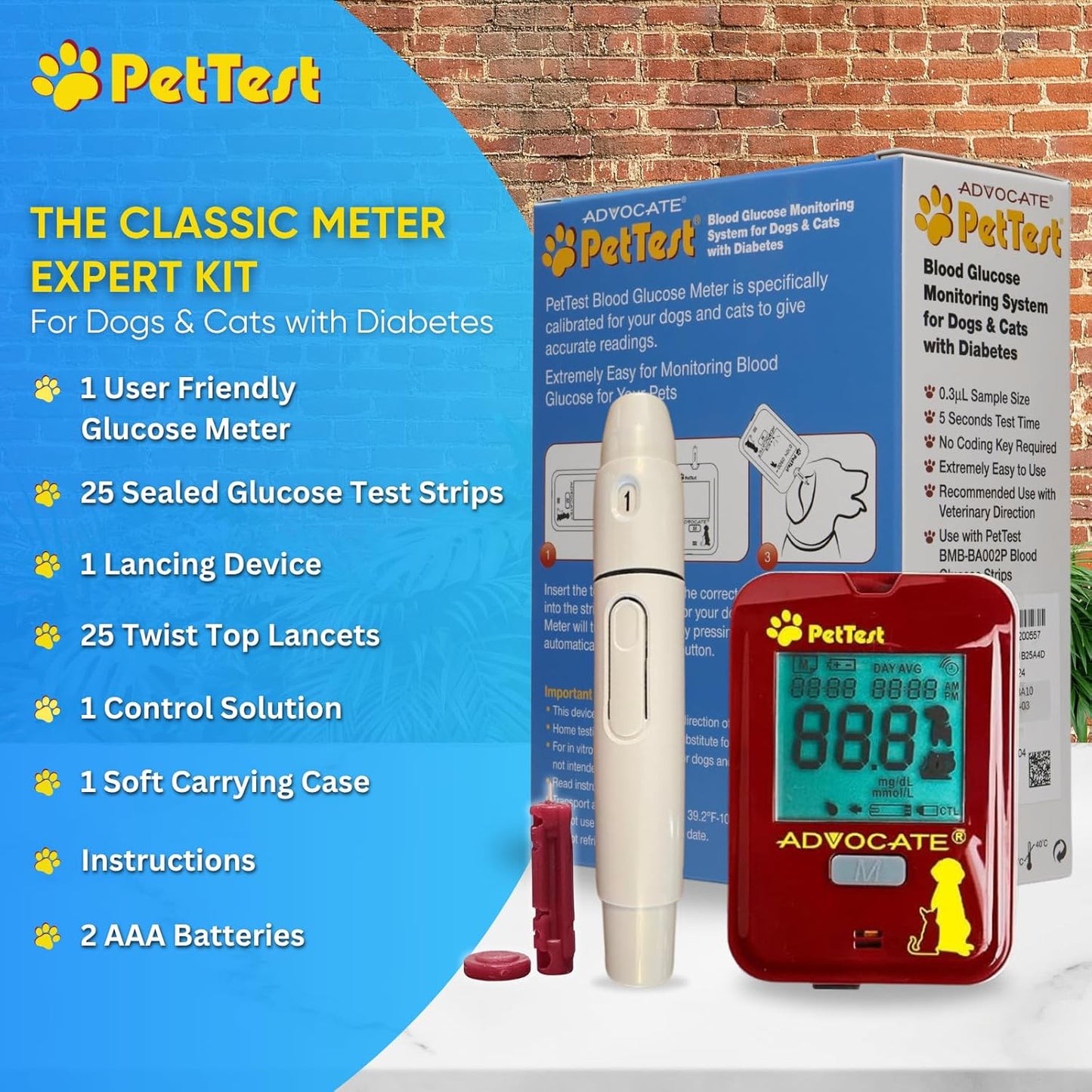PetTest Expert Glucose Monitoring Kit for Dogs & Cats, Diabetic Pet Blood Sugar Check Gear,25 TEST STRIPS