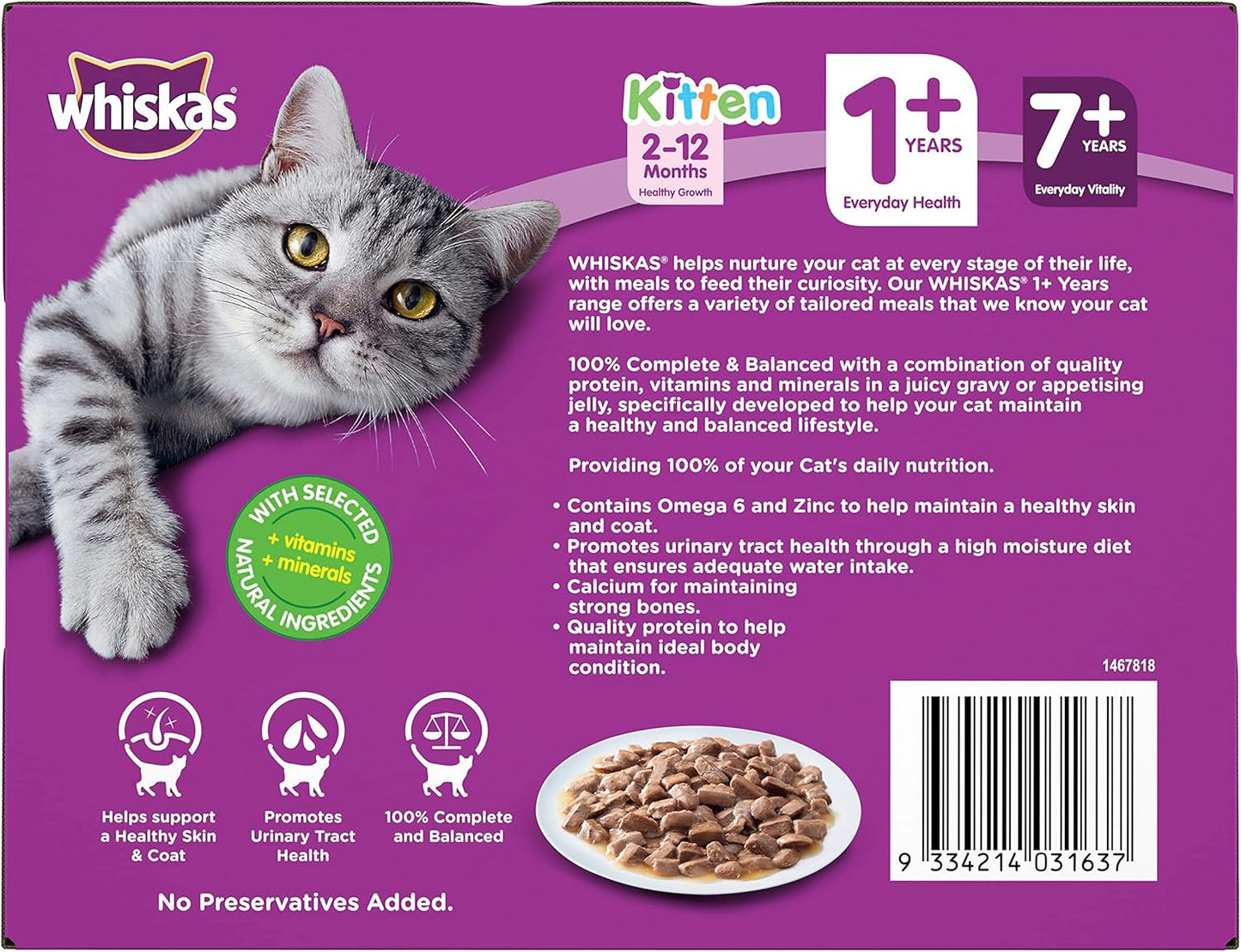 WHISKAS 1+ Years Wet Cat Food with Mixed Favourites in Gravy 12 x 85g, 5 Pack (60 Pouches)