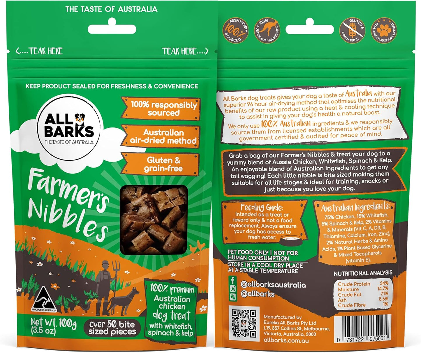 Farmer's Nibbles - 100% Aussie Chicken, Whitefish, Spinach & Kelp- 100g