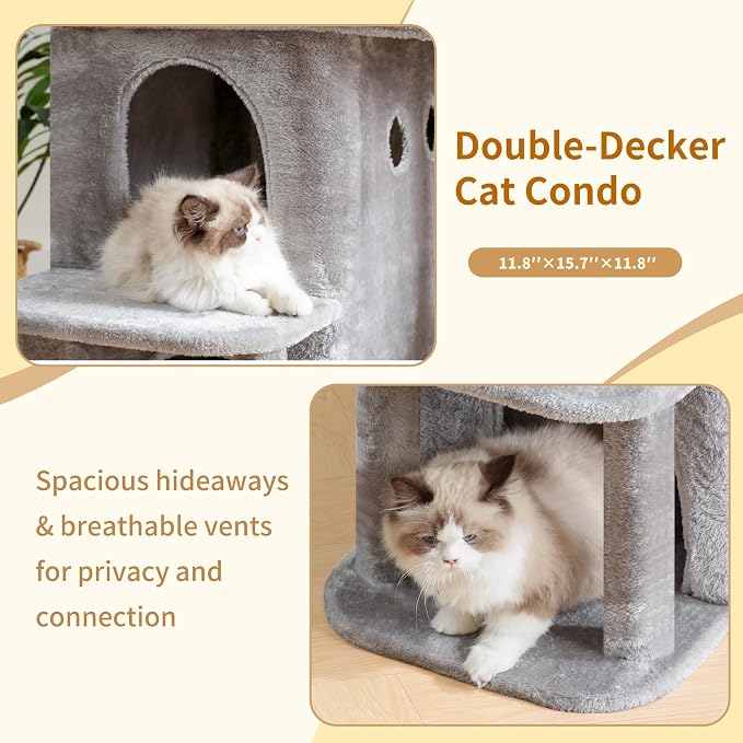Heybly Cat Tree, 65cm Cat Tower with Spacious Top Perch for Large Cats,Light Grey