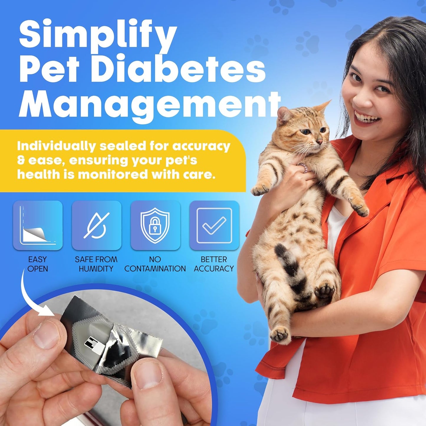 PetTest Blood Glucose Test Strips, Easy Open for Use with a Glucometer Monitor for Dogs & Cats, sterilized and Individually Sealed, 50 Pieces