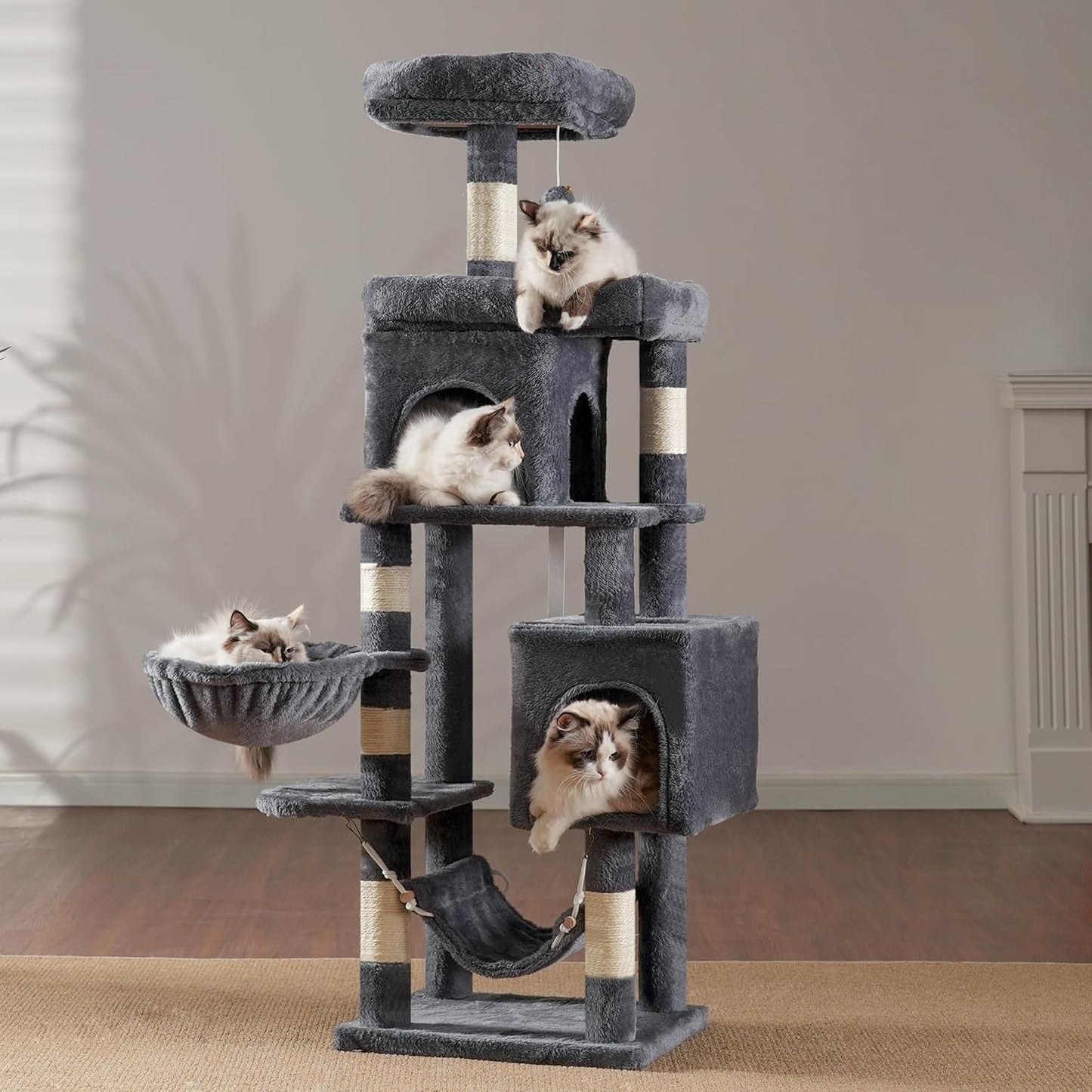 Heybly Cat Tree with Large Platform, Multi-Level Cat Tower with 2 Caves