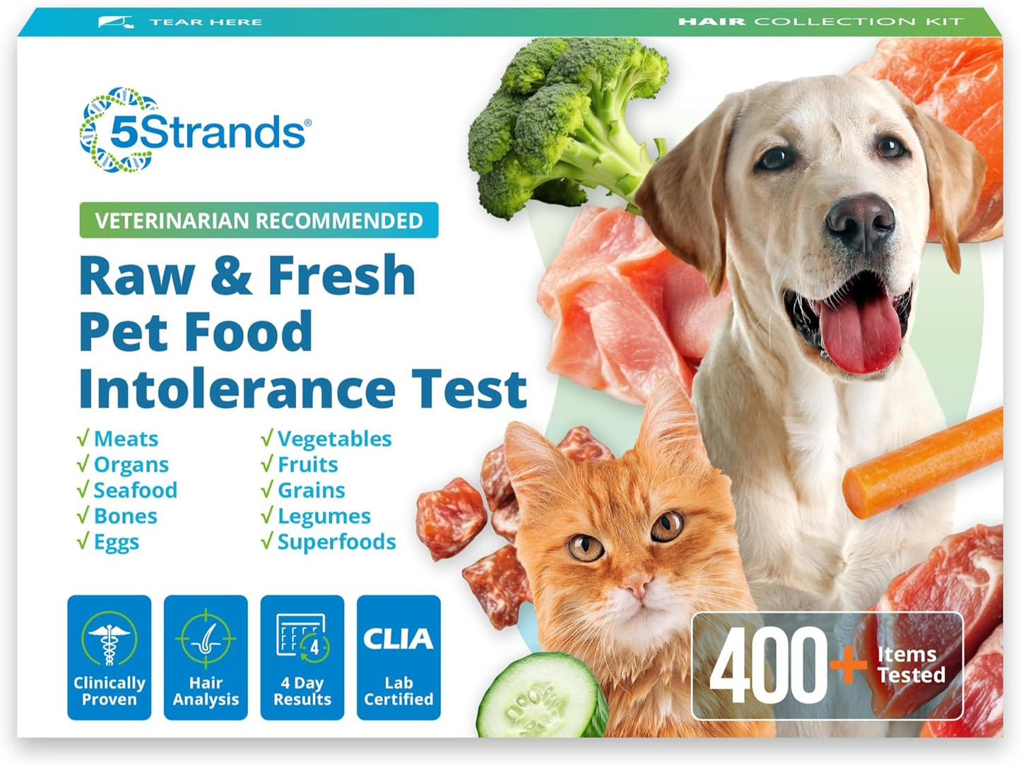 5Strands Pet Raw Food Intolerance Test, at Home Sensitivity Test for Dogs & Cats, 410 Items, Gently Cooked & Fresh Pet Food, Accurate for All Ages & Breeds, Pet Gut Health, Fast 4 Day Results