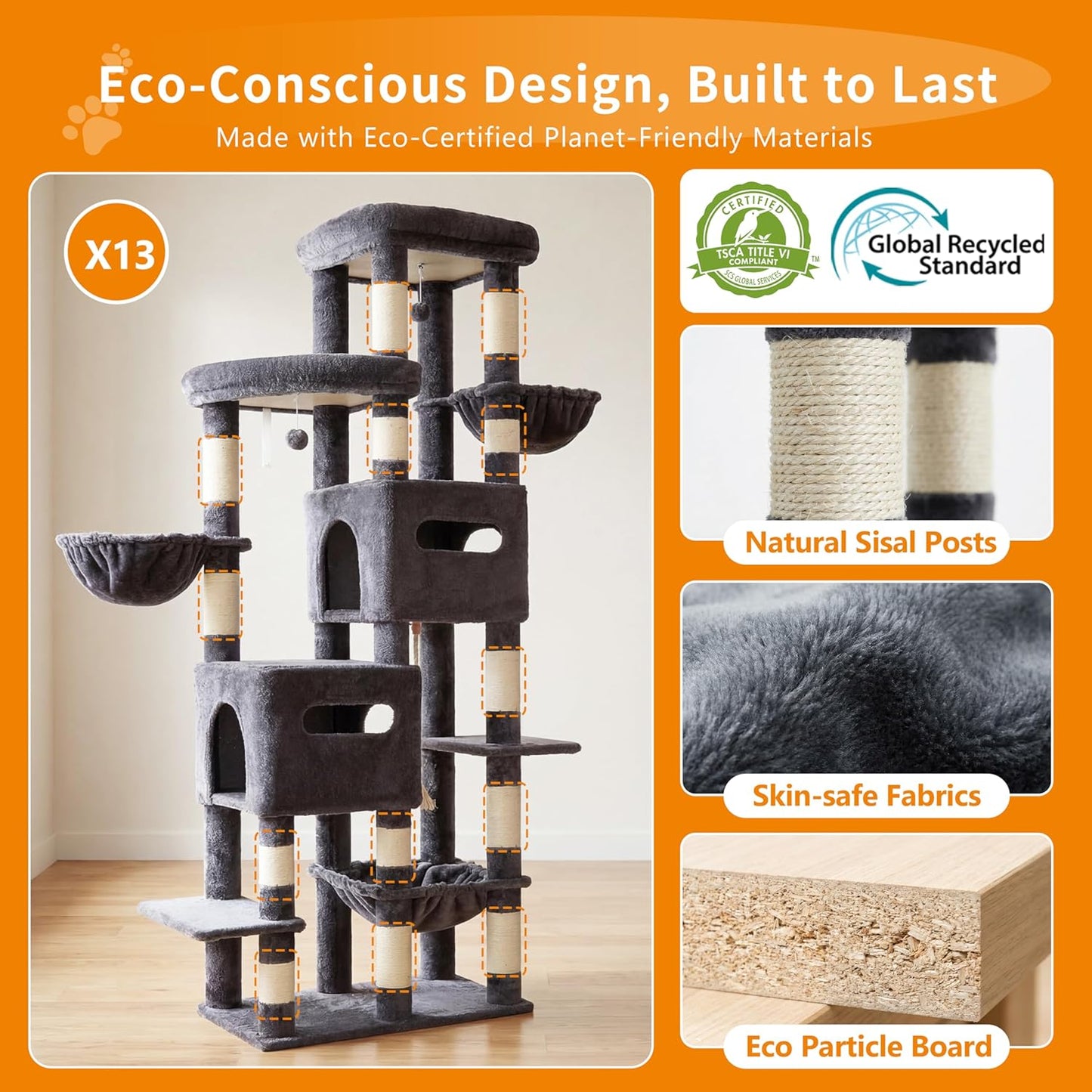 Heybly Cat Tree, 190cm Spacious & Tall Cat Tower for Large Cats, Cat Furniture with Large Top Perch, Solid Base, 2 Cat Condos