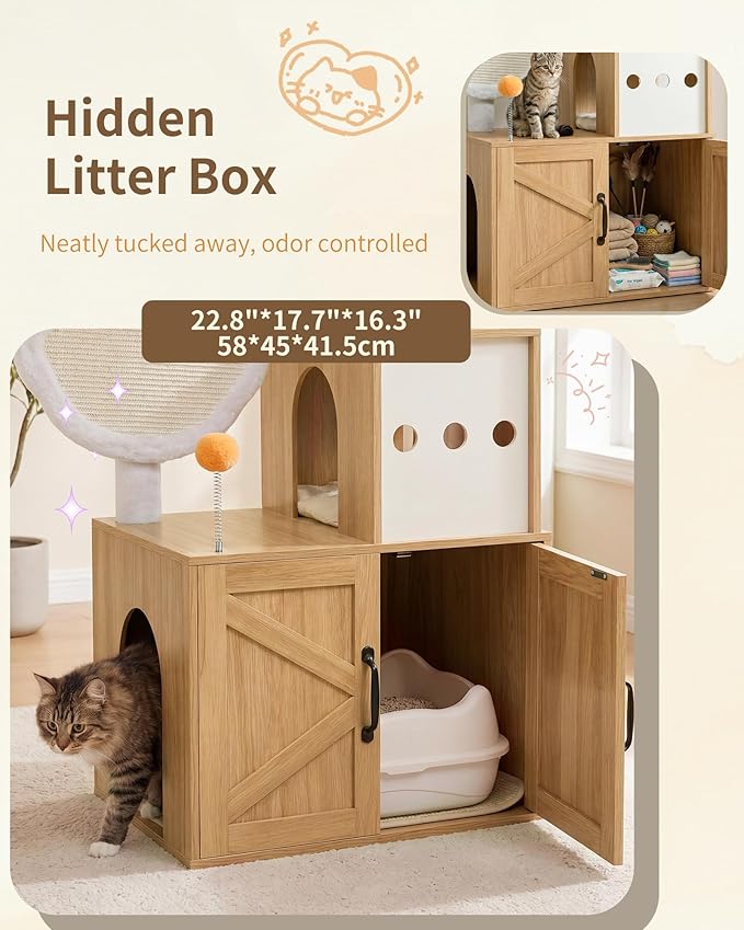 Heybly Cat Tree with Litter Box Enclosure, Modern 162cm Hidden Cat Tower for Indoor Cats,White Oak