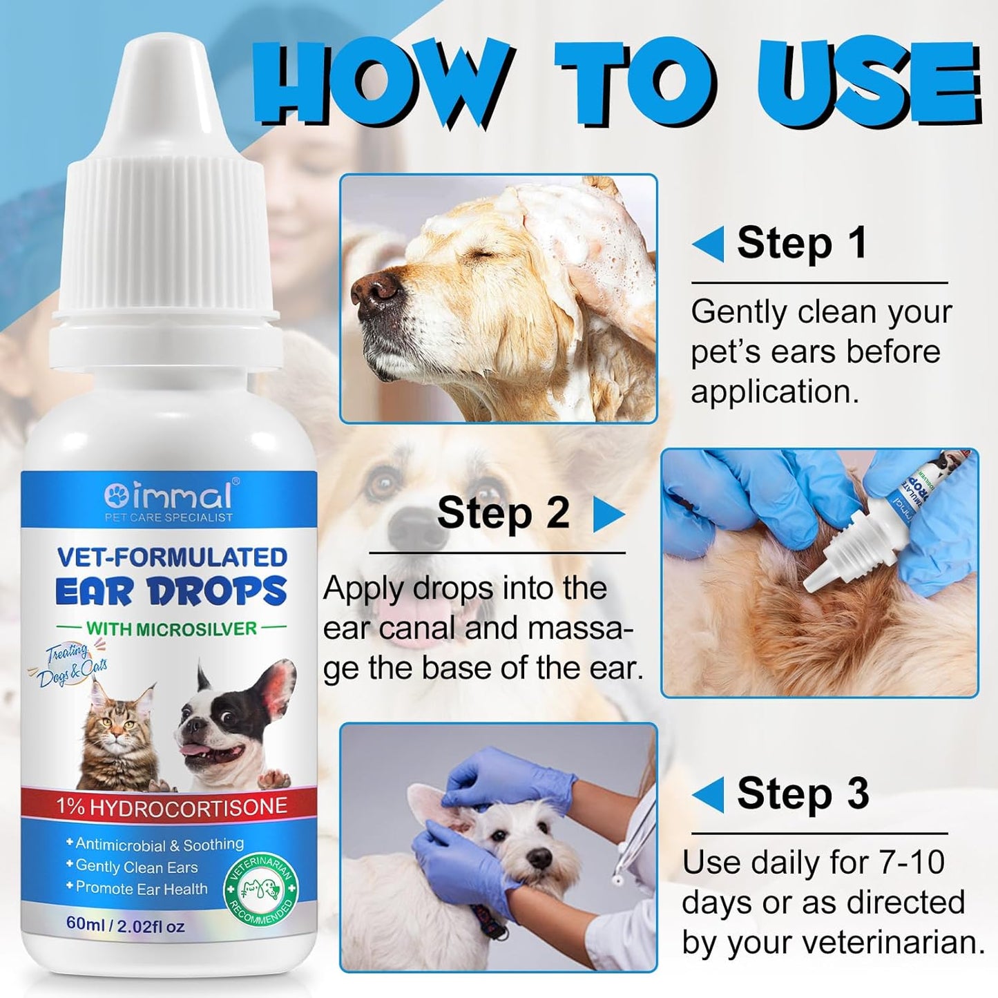 Ear Drops for Cats & Dogs-Dog Ear Infection Medication-Ear Mites Treatment-Dog Yeast Soothing Cleansing with 1% Hydrocortisone-60ml