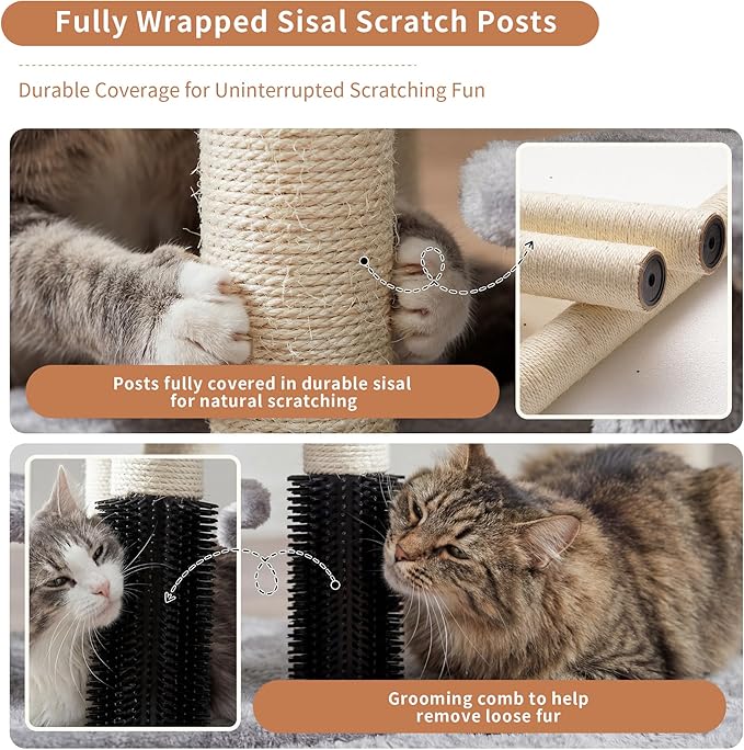 Heybly Cat Scratching Post with Grooming Brush & Gentle Step, HSP001SW | Light Gray