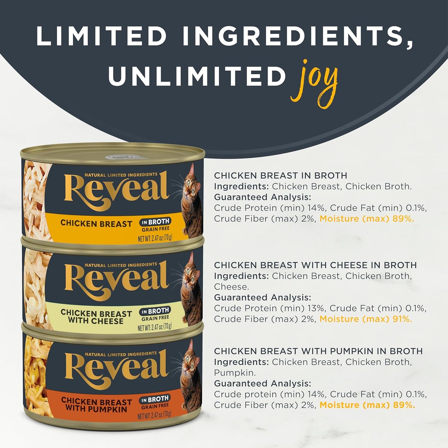 Reveal Natural Wet Cat Food, 12 Count, Grain Free, Limited Ingredient Canned Food for Cats, Chicken Deluxe Selection in Broth, 70g Tins